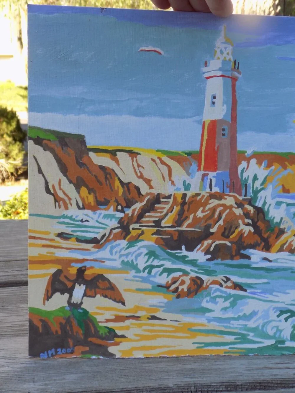 PAINTING Lighthouse Ocean Eagle Rocks, Seagulls, Vintage Home Decor *